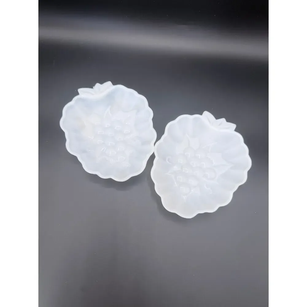 Vintage Hazel Atlas Milk Glass Grape Cluster Relish Candy Dishes Pair 7in